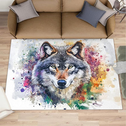 Wolf Rugs for Bedroom - 4x5 Area Rug - Graffiti Wolf Rugs for Living Room, Abstract 3D Animal Graffiti Rug, Washable Home Decor Carpet