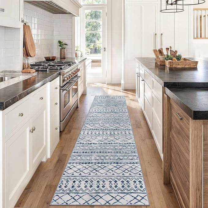 KUTA Moroccan Washable Hallway Runner Rug, 2x8 Non-Slip Vintage Blue White Boho Kitchen Rugs Ultra Soft Print Distressed Geometric Floor Carpet Runners for Bedroom Laundry Living Room