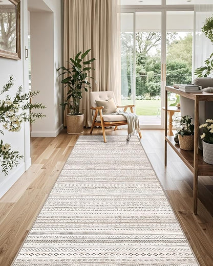 LUMI Washable Runner Rug, 3'x10' Non-Slip Hallway Mat, Low Profile Thin Long Carpeet for Laundry Kitchen Bedroom Office, White and Brown