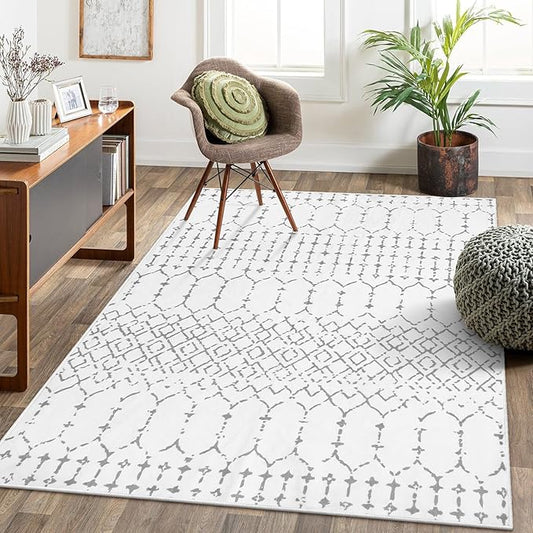 Lahome Moroccan Living Room Area Rug - Washable Rugs 5x7 Non-Slip Soft Throw Rugs for Bedroom White Lightweight Large Rug, Modern Geometric Print Low-Pile Capet for Classroom Office Dining Room(White)