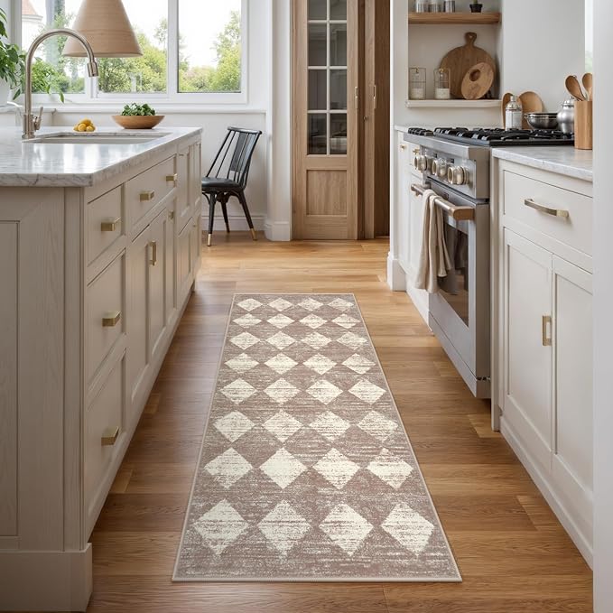 Lahome Machine Washable Long Bathroom Rugs Runner, 2x5 Non Slip Entryway Rugs Indoor Kitchen Runner Rug, Moroccan Trellis Non Skid Laundry Room Carpet Runners for Bedside Entrance Living Room, Beige