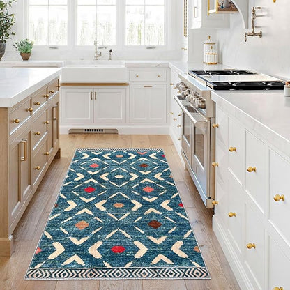KILOCOCO Area Rug 3'x5' Rug for Entryway Washable Printed Bedroom Rugs Non Slip Boho Low-Pile Soft Rugs for Kitchen Dining Geometric Moroccan Carpet, Teal/Blue