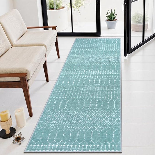 Lahome Moroccan Green Runner Rug 2x6 Washable Non-Slip Hallway Rug Runner Kitchen Throw Untra-Thin Entryway Carpet, Geometric Print Distressed Floor Mat for Hallways Bedroom