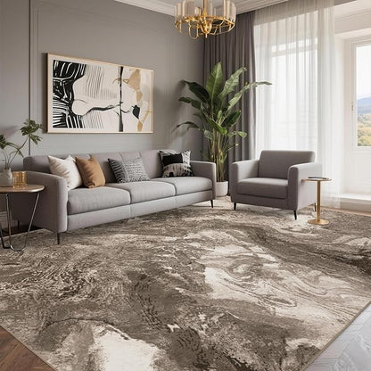 Abstract 8x10 Area Rugs: Modern Washable Rug for Living Room Bedroom Dining Room Indoor - Thin Low Pile Non-Slip Large Carpet - Beige Brown