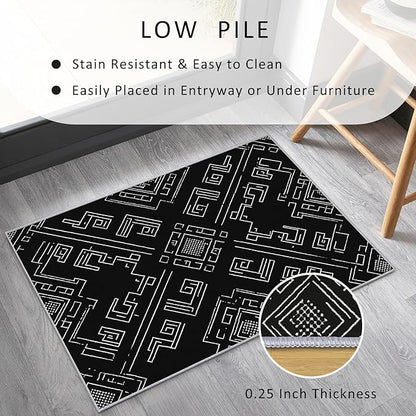 Geometric Rug, Washable 5x7 Rug for Living Room, Black and White Patterned Indoor Carpet, Modern Geometric Decor for Home, Bedroom, Soft Non Slip Thin Design FER18