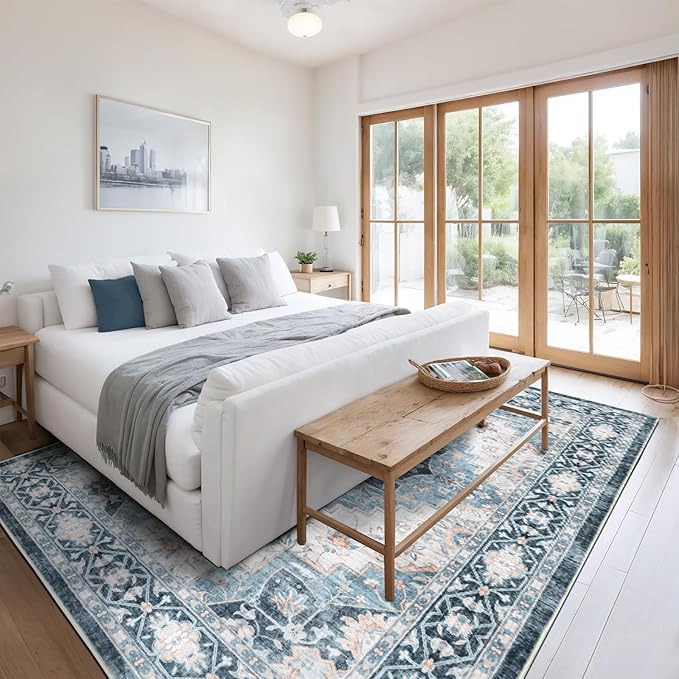 Washable 6×9 Area Rug for Living Room, Vintage Floral Rug Soft Non Slip Stain Resistant Boho Carpet for Indoor Bedroom Dinning Room Home Office Blue/Ivory