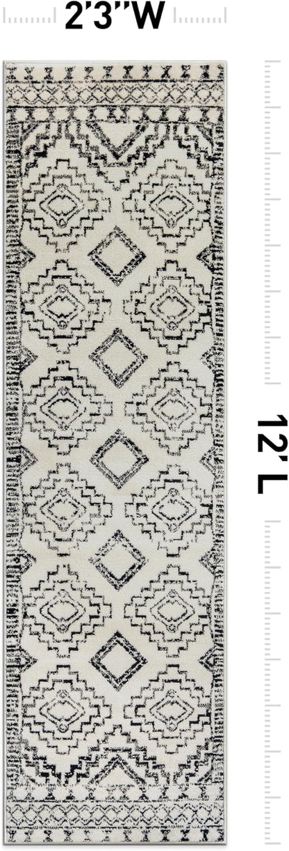 Rugshop Cream and Black Southwestern Tribal Area Rug – Boho Geometric Diamond Pattern Carpet for Living Room, Bedroom, or Entryway – Soft Modern Rustic Floor Décor 2' 3" x 12' Runner Cream