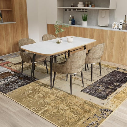 LOCHAS Rug for Living Room 6x9, Washable Soft Area Rugs for Bedroom, Abstract Carpet for Indoor Office Kids Dining Room Nursery Floor, Khaki Geometric Vintage Home Decor, Non Slip, Pet Child Friendly