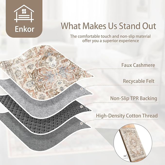 Enkor Runner Rugs for Hallway, 2x6 Washable Soft Non Slip Floor Rugs for Kitchen, Modern Mat for Living Room Bedroom Entryway Beige & Brown