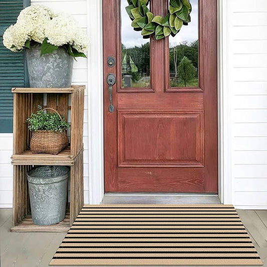 KOZYFLY Brown and Black Striped Porch Rug 2x3 Ft Small Area Rug Cotton Outdoor Doormat Front Door Rugs Washable Outdoor Rugs Farmhouse Layered Door Mat for Front Door Entryway Patio Porch