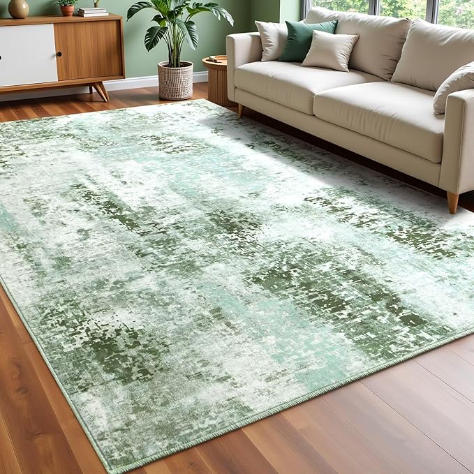 Washable Abstract Rug, 3x5 Modern Area Rugs with Non-Slip Rubber Backed for Bedroom, Thin but Soft Contemporary Carpet Kitchen Living Room Decor, Green