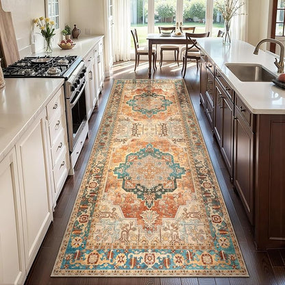 Tangsoo 2x5 Washable Runner Rug for Hallways, Non Slip Vintage Runner Rug, Soft Low Pile Long Rug Runner, Print Distressed Carpet Runners for Kitchen Bedroom Entryway Bathroom Living room Rusty Orange