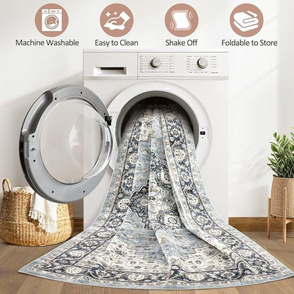 10x14 Area Rugs Living Room: Washable Boho Large Neutral Vintage Soft Rug Stain Resistant Farmhouse Non Slip Indoor Floor Carpet for Bedroom Nursery Kids Playroom Office Dining Room- Blue Tan