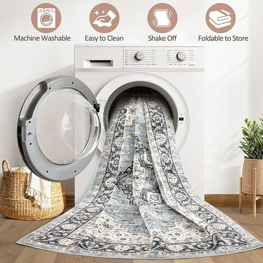 9x12 Area Rug Living Room: Washable Boho Large Neutral Vintage Soft Rugs Stain Resistant Farmhouse Non-Slip Indoor Floor Carpet for Bedroom Nursery Kids Playroom Office Dining Room House- Blue Tan