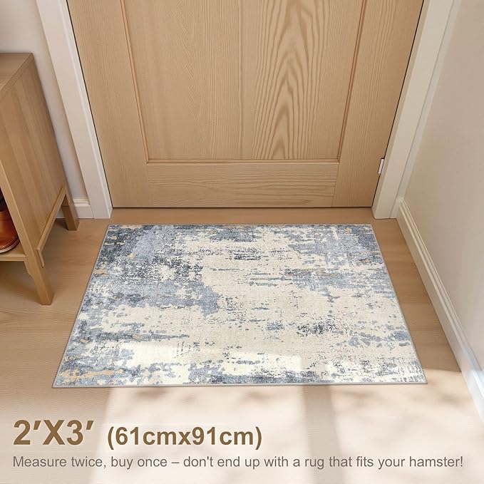 2x3 Entryway Area Rug: Washable Neutral Modern Abstract Small Rug - Non-Slip Low Pile Throw Indoor Carpet for Entrance Kitchen Front Door Mat Bathroom Entry Kids Room - Blue/Light Brown