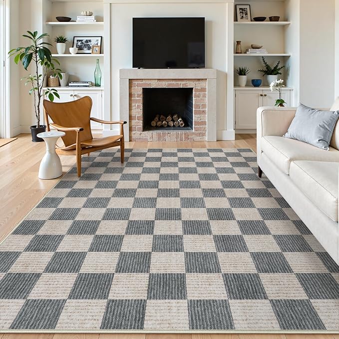 LIVEBOX 8x10 Area Rugs for Living Room, Checkered Non-Slip Washable Rugs, Farmhouse Neutral Classic Geometric Pattern Large Boys Area Rug for bedroom, Carpet for Living Dining Room Office(Grey,8'x10')