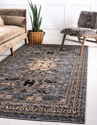 Unique Loom Taftan Collection Border Geometric Tribal Inspired Design Area Rug (5' 0 x 8' 0 Rectangular, Gray/ Black)