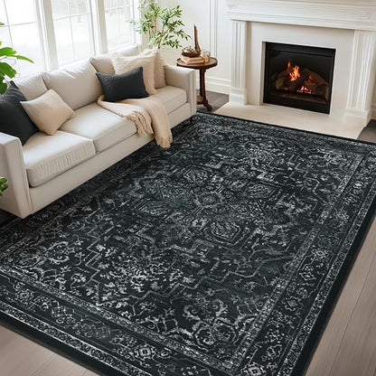 Dark Distressed Washable Area Rugs 9x12 Living Room, Black Vintage Medallion Printed Big Carpet Rugs for Bedroom, Washable Non Slip Low Pile Thin Rugs for Dining Room Home Office