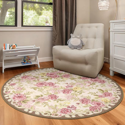 4ft Round Machine Washable Area Rug for Living Room, Pink Vintage Boho Floral Rug Large Non-Slip Low Pile Soft Faux Wool Carpet, Kids and Pets Friendly for Bedroom Nursery Farmhouse Home Decor Rug