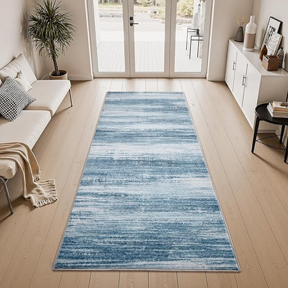 PADOOR Modern Abstract Runner Rug - 2x6 Washable Hallway Rugs, Ultra Soft Non-Slip Low Pile Floor Rugs for Hallway Entryway Kitchen Bedroom Bedside Laundry Room Blue