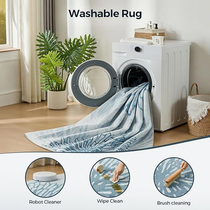 WITSHOCK 10x12 Washable Rug for Living Room,Modern Floral Distress Print Pattern Area Rugs,Stain Resistant with Non Slip Backing Carpet for Dining Room,Bedroom & Home Decor,Blue/Light Blue