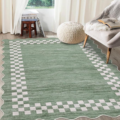 GarveeHome Area Rug 6x9 Large Living Room Modern Border Throw Rug with Rubber Backing Stain Resistant Dining Room Throw Carpet Washable Scalloped Rug for Bedroom Home Decor Office, Green