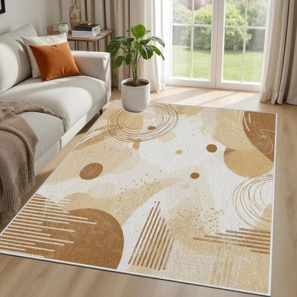 Minimalist Abstract Area Rug 7x9 Beige Boho, Modern Washable Geometric Art Carpet, Soft Non-Slip Low-Pile Carpet for Living Room, Bedroom, Kitchen, Dining Room, Pet Friendly, Non-Shedding, Brown