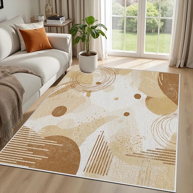 Minimalist Abstract Area Rug 3x4 Beige Boho, Modern Washable Geometric Art Carpet, Soft Non-Slip Low-Pile Carpet for Living Room, Bedroom, Kitchen, Dining Room, Pet Friendly, Non-Shedding, Brown
