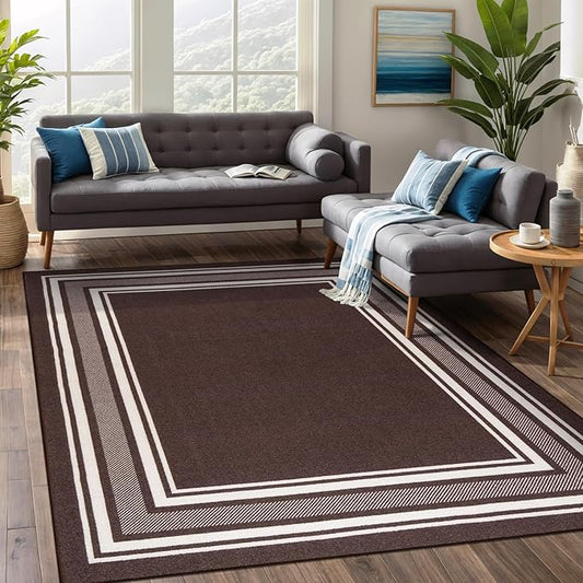 Beverly Rug Non Slip Area Rugs 3x3 Modern Bordered Non Skid Rubber Backing Soft Area Rug for Living Dining Room Easy to Clean Non Shedding Kitchen Bedroom Indoor Carpet 3 x 3 Brown