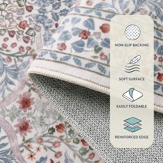 Lahome Floral Washable Kitchen Runner Rug, 2x6 Runners for Hallways Non Slip Ultra-Thin, Boho Soft Hallway Rug Forest Carpet Runners for Bedroom Bathroom Laundry Room, Beige/Blue