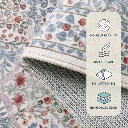 Lahome Floral Washable Rugs for Entryway, 2x3 Kitchen Rugs Non Slip Boho Soft Door Mat Indoor Entrance, Ultra-Thin Easy Clean Forest Design Small Throw Carpet for Bedroom Bathroom, Beige/Blue