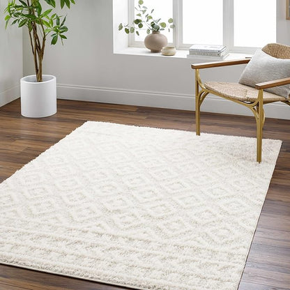 Hauteloom Tilos Moroccan Farmhouse Small Shag Area Rug Door Mat - Shaggy Carpet - Trellis Pattern - High Plush Pile - Cream, Pink, Beige - 2' x 3'