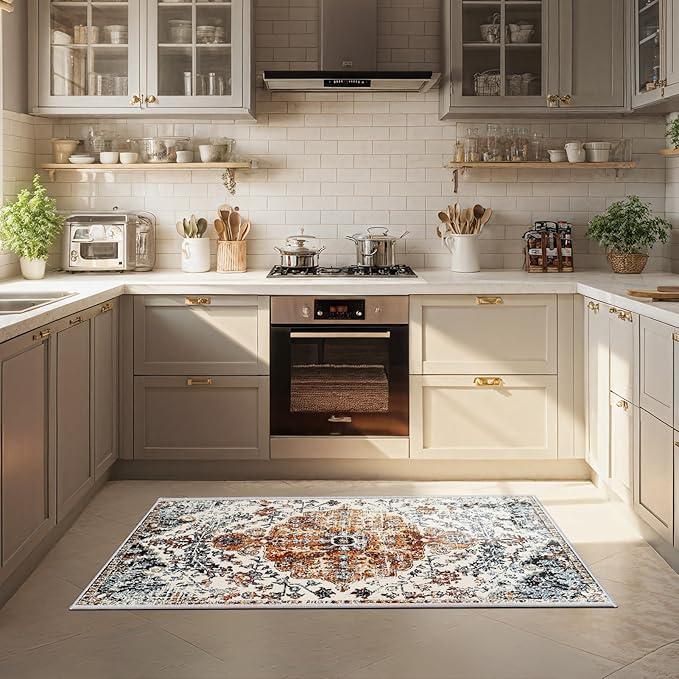 Small Area Rug 2x3ft Entryway Rug Non-Slip Vintage Washable Area Rugs Indoor Door Mat, Boho Faux Wool Carpet Kitchen Rugs with Rubber Backing for Bedroom, Kitchen, Room Entryway
