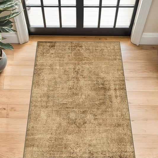 Farmhouse Gold Brown Indoor Rugs for Entryway - 3x5 Low Pile & Soft Area Rug for Bedroom Beside Bed, Laundry Room, Washable Kitchen Carpet Non Slip with Rubber Backing, Medallion Abstract Home Décor