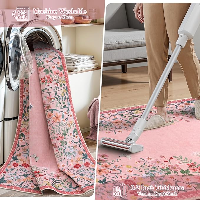 Wonnitar 2x6 Runner Rug for Hallways, Pink Floral Bathroom Rugs Non Slip Washable, Low Pile Soft Botanical Runner for Girls Bedroom Laundry Room Bedside (Pink,2'x6')