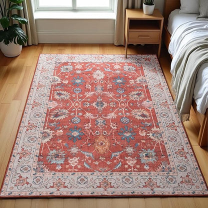Area Rug 4x6, Washable Faux Wool Throw Rugs for Living Room, 0.3″ Non Slip Low Pile Vintage Boho Carpet for Ding Room, Home Office, Bedroom, Kids Room, Bedside (Red)