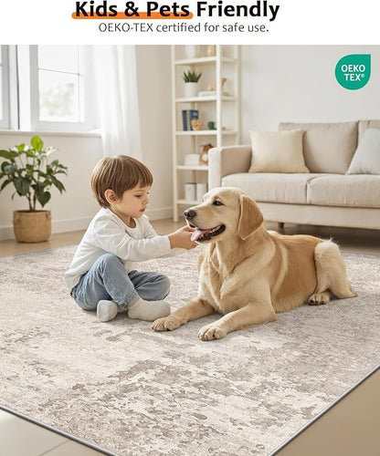 Art&Tuft Washable Rugs 8x10, Area Rugs for Living Room - Non Slip and Low Pile Soft Thin Abstract 8x10 Rug for Bedroom, Dining Room, Kitchen, Office, Beige