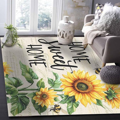 Summer Sunflowers Rectangular Area Rugs for Living Room Bedroom 4 x 6 ft Rustic Floral Bees Green Leaves Non-Shedding Soft Low Pile Rug Non Slip Washable Rug for Nursery Entryway Playroom