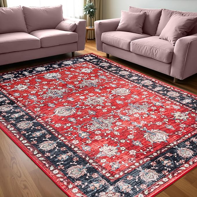 Area Rug for Living Room, 9x12 Machine Washable Non Slip Large Faux Wool Throw Rug, 0.3″ Low Pile & Non-Shedding Boho Large Carpet Rugs for for Dining Room, Bedroom, Office (Black Red)