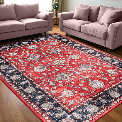 Area Rug for Living Room, 8x10 Machine Washable Non Slip Large Faux Wool Throw Rug, 0.3″ Low Pile & Non-Shedding Boho Large Carpet Rugs for for Dining Room, Bedroom, Office (Black Red)
