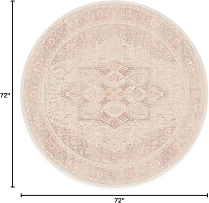 RUGGABLE Washable Area Rug – Kamran Soft Pink 6 ft Round, Stain-Resistant, Non-Slip – Medium Machine Washable Rugs for Living Room, Bedroom, Hallway, Entryway & Office–with Cushioned Pad
