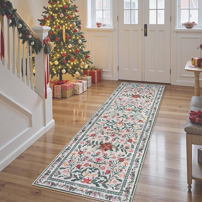 Wonnitar Christmas Runner Rug 2x6, Holiday Decor Christmas Kitchen Bathroom Rug, Washable Red and Green Botanical Xmas Decor Ultra-Thin Holiday Carpet Runner for Hallway Laundry Entryway