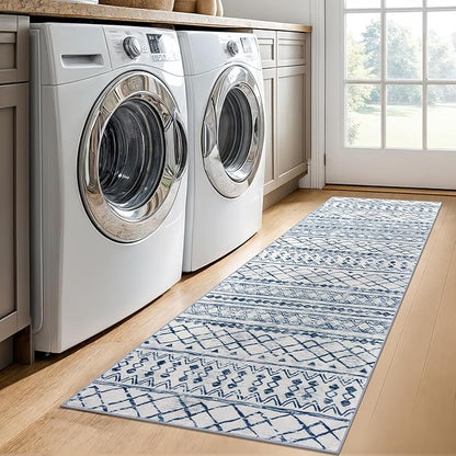 KUTA Moroccan Washable Runner Rug, 2x6 Non-Slip Vintage Blue White Boho Hallway Kitchen Rugs Ultra Soft Distressed Geometric Floor Carpet Runners for Bedroom Laundry Living Room