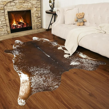 AROGAN Western Decor Faux Fur Cowhide Rug, 5.2x6.3 Feet Premium Animal Skin Cow Hide Rug, Sturdy Cow Print Rugs for Wall Decor, Western Floor Carpet for Bedroom Living Room, Spotted Brown