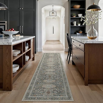 Bavni Washable Runners for Hallways 2X10, Ultra-Thin Non Slip Long Runner Rug, Print Vintage Aesthetic Carpet Runner, Low Pile Rugs for Kitchen Porch Bedroom, Grey