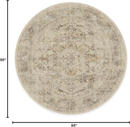 RUGGABLE Washable Vintage Area Rug – Sarrah Hazel 8 ft Round, Stain-Resistant, Non-Slip – Large Machine Washable Rugs for Living Room, Bedroom, Hallway, Entryway & Office–with Cushioned Pad