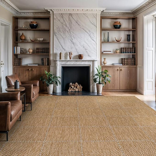 Beverly Rug Easy Jute Checkered Squared Rug 9x12 Washable Large Indoor Outdoor Area Rugs for Living Dining Room Patio Office Stain Resistant Non Shedding Casual Indoor Outside Carpet 9 x 12 Natural
