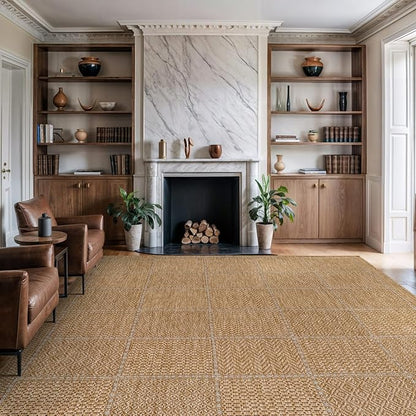 Beverly Rug Easy Jute Checkered Squared Rug 10x14 Washable Large Indoor Outdoor Area Rugs for Living Dining Room Patio Office Stain Resistant Non Shedding Casual Indoor Outside Carpet 10 x 14 Natural
