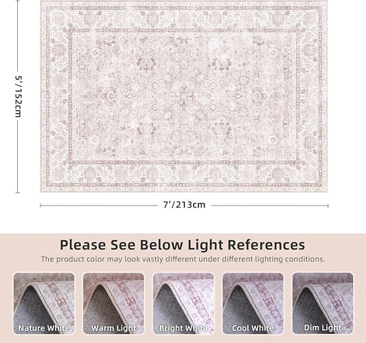 Pink Area Rugs 5x7 Nursery Rug for Baby Girl Neutral Floral Area Rug for Living Room, Vintage Boho Washable Rug Indoor Carpet for Bedroom Dining Room