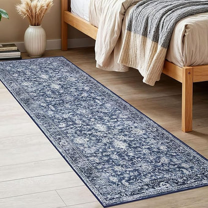 KILOCOCO Hallway Runner 2x6 Rug Runner Printed Vintage Floral Washable Kitchen Runners Non-Slip Rubber Backed Runners for Hallways Laundry Room Distressed Boho Rugs for Entryway Bedroom, Blue
